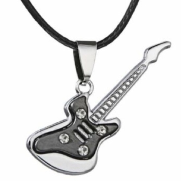 Jewelry - NEW! 🎸 STAINLESS STEEL CRYSTAL EMBELLISHED BLACK GUITAR FAUX LEATHER NECKLACE